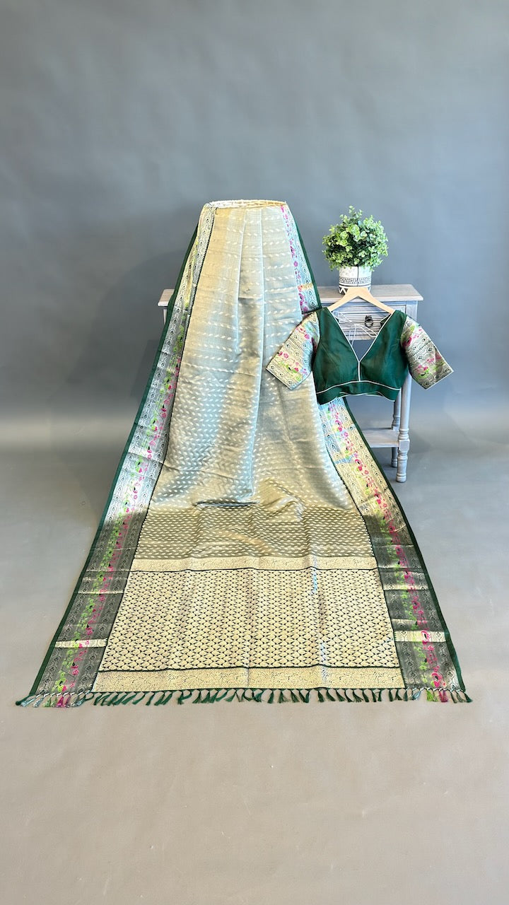 Pastel Green And Dark Green Venkatagiri Silk Saree And Blouse