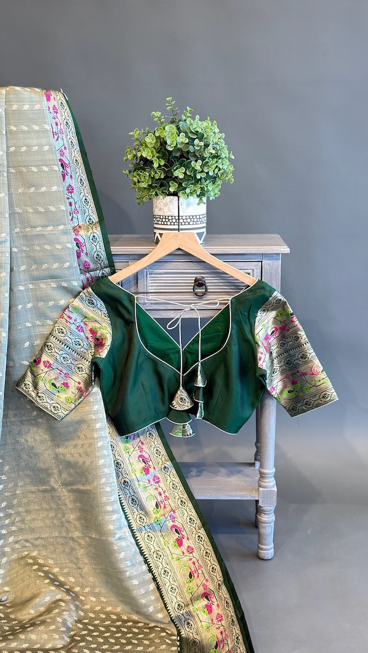 Pastel Green And Dark Green Venkatagiri Silk Saree And Blouse