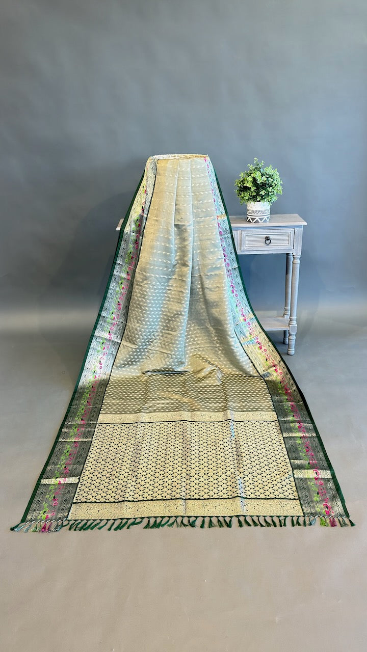 Pastel Green And Dark Green Venkatagiri Silk Saree And Blouse