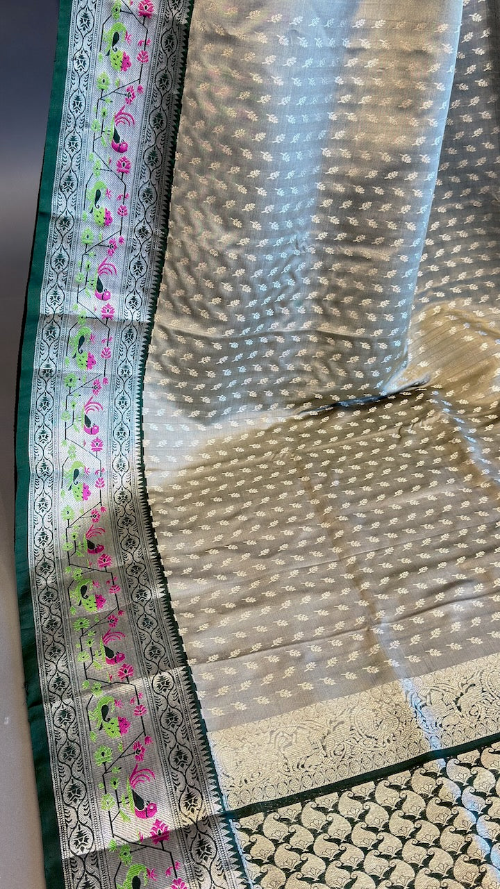 Pastel Green And Dark Green Venkatagiri Silk Saree And Blouse