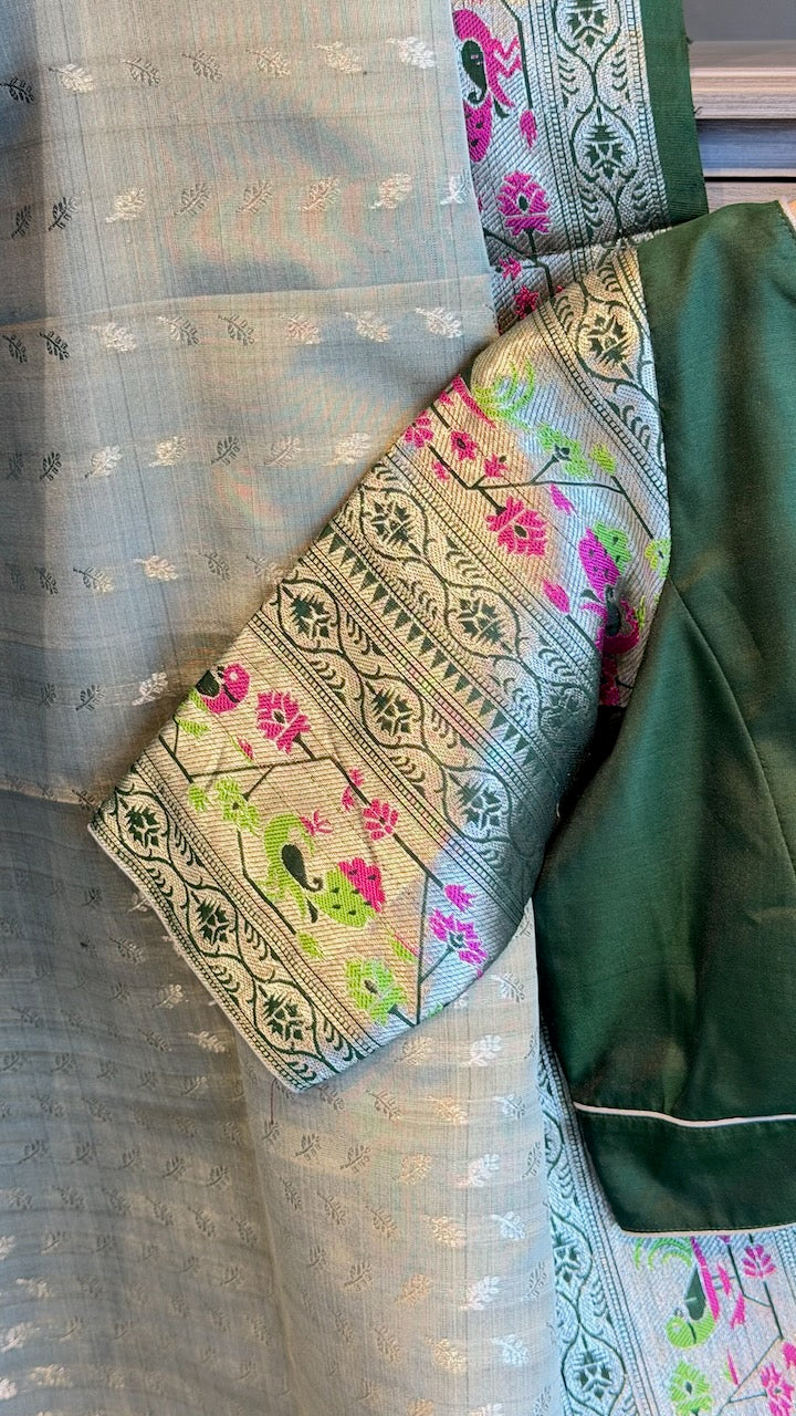 Pastel Green And Dark Green Venkatagiri Silk Saree And Blouse