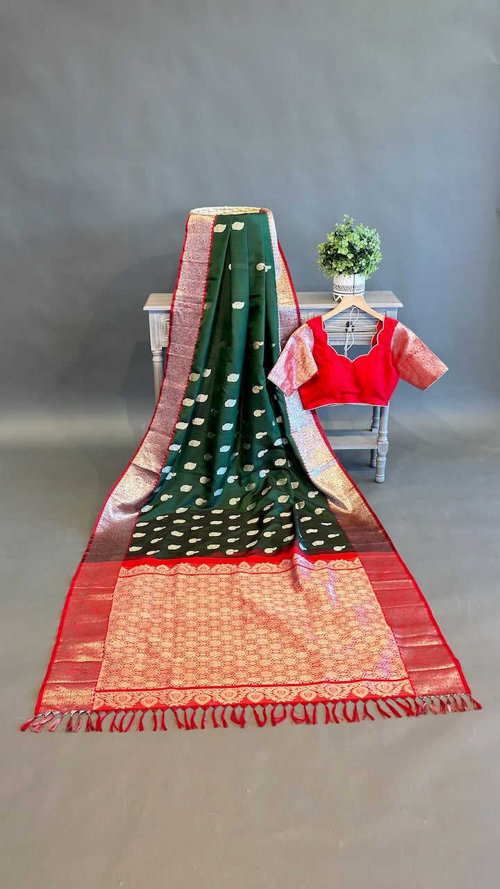 Bottle Green And Red Venkatagiri Silk Saree And Blouse