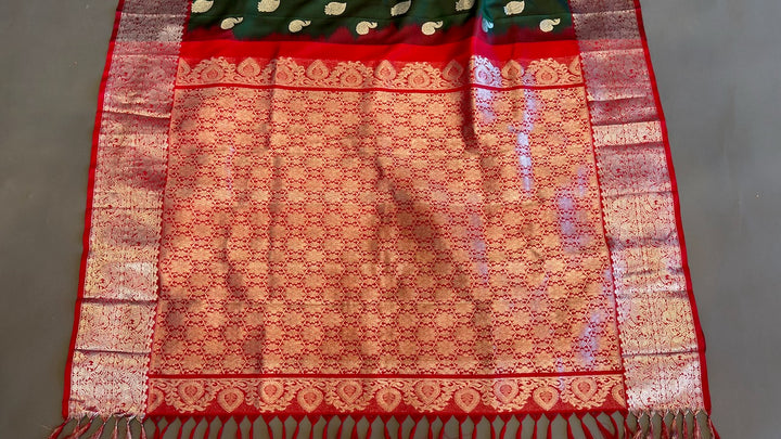 Bottle Green And Red Venkatagiri Silk Saree And Blouse
