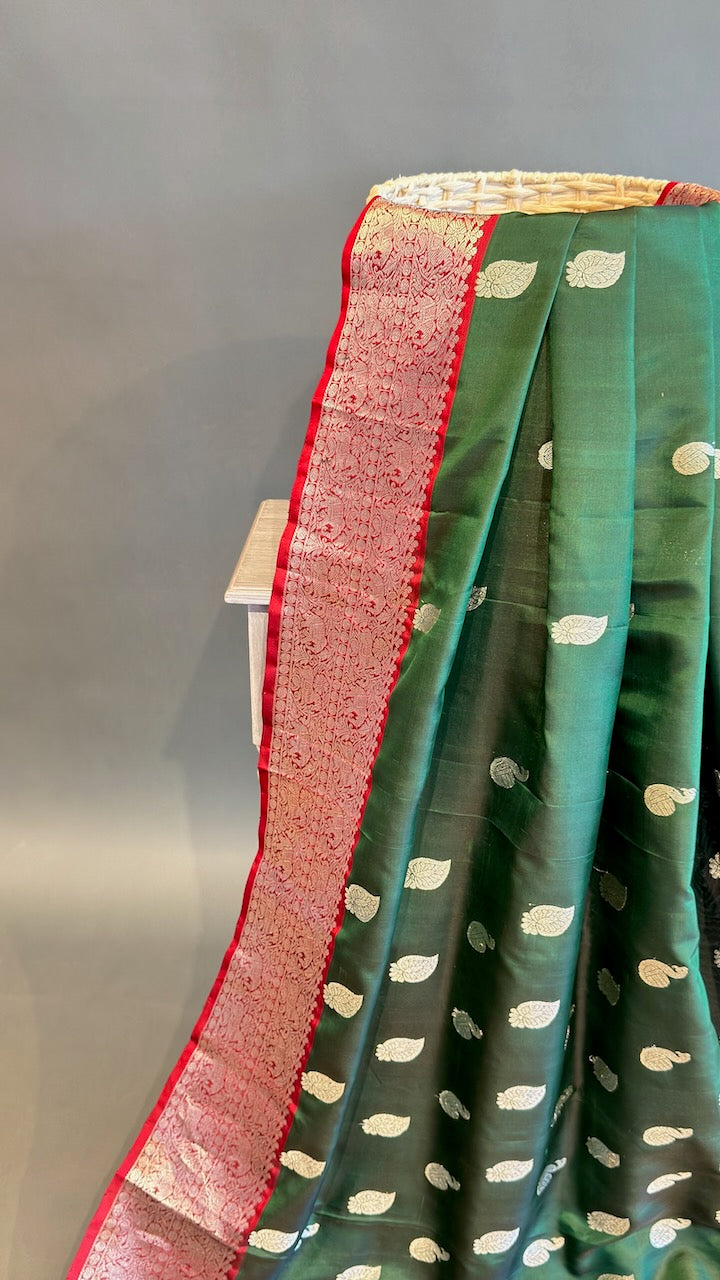 Bottle Green And Red Venkatagiri Silk Saree And Blouse