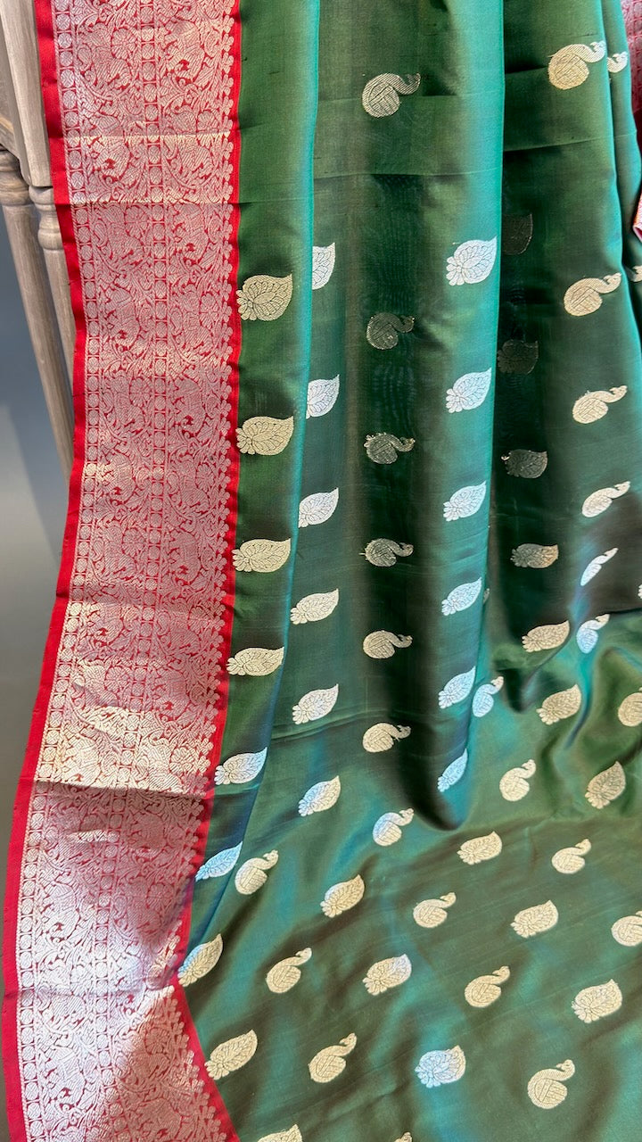 Bottle Green And Red Venkatagiri Silk Saree And Blouse