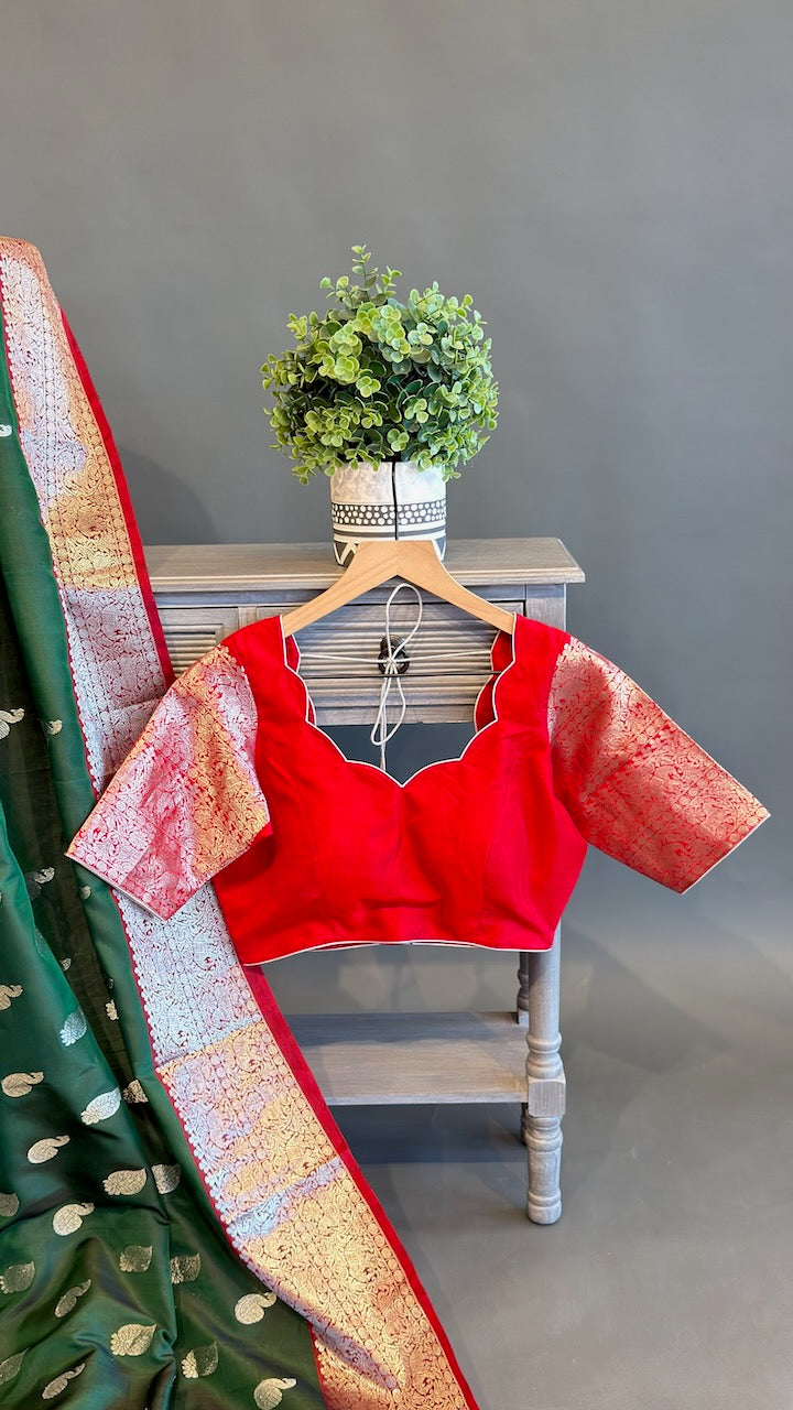 Bottle Green And Red Venkatagiri Silk Saree And Blouse