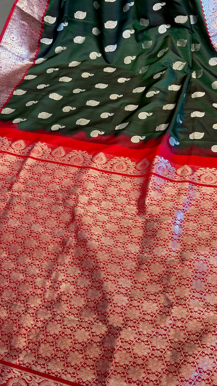 Bottle Green And Red Venkatagiri Silk Saree And Blouse