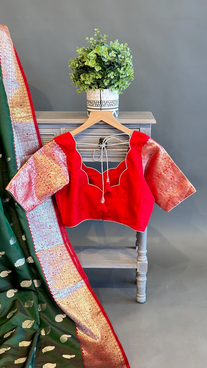 Bottle Green And Red Venkatagiri Silk Saree And Blouse