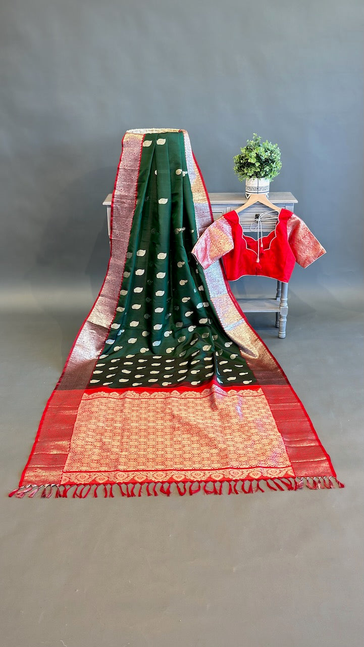 Bottle Green And Red Venkatagiri Silk Saree And Blouse