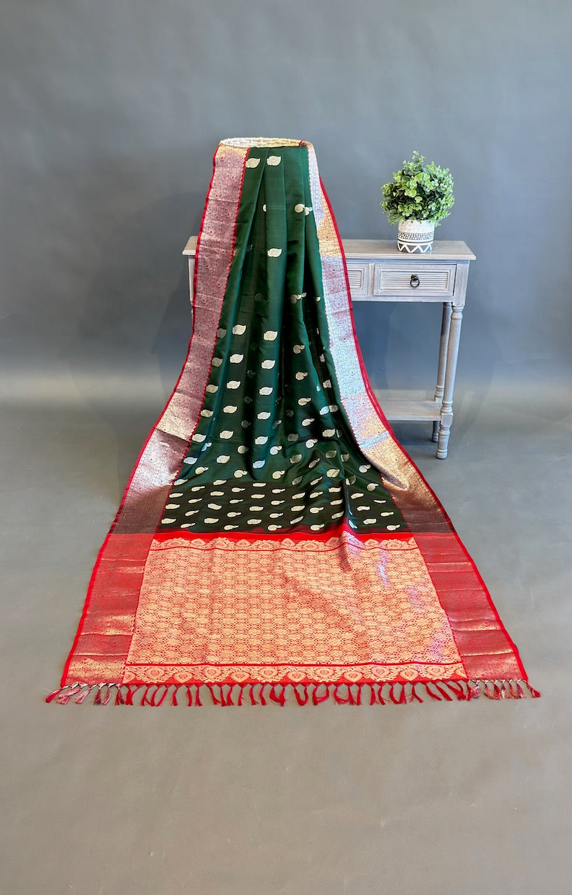 Bottle Green And Red Venkatagiri Silk Saree And Blouse