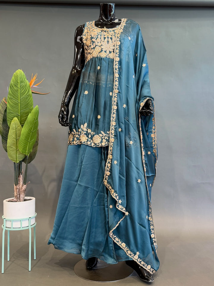 Peacock Green Embroidered Sharara Set