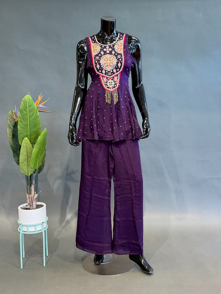 Deep Plum Embroidered Sharara Set