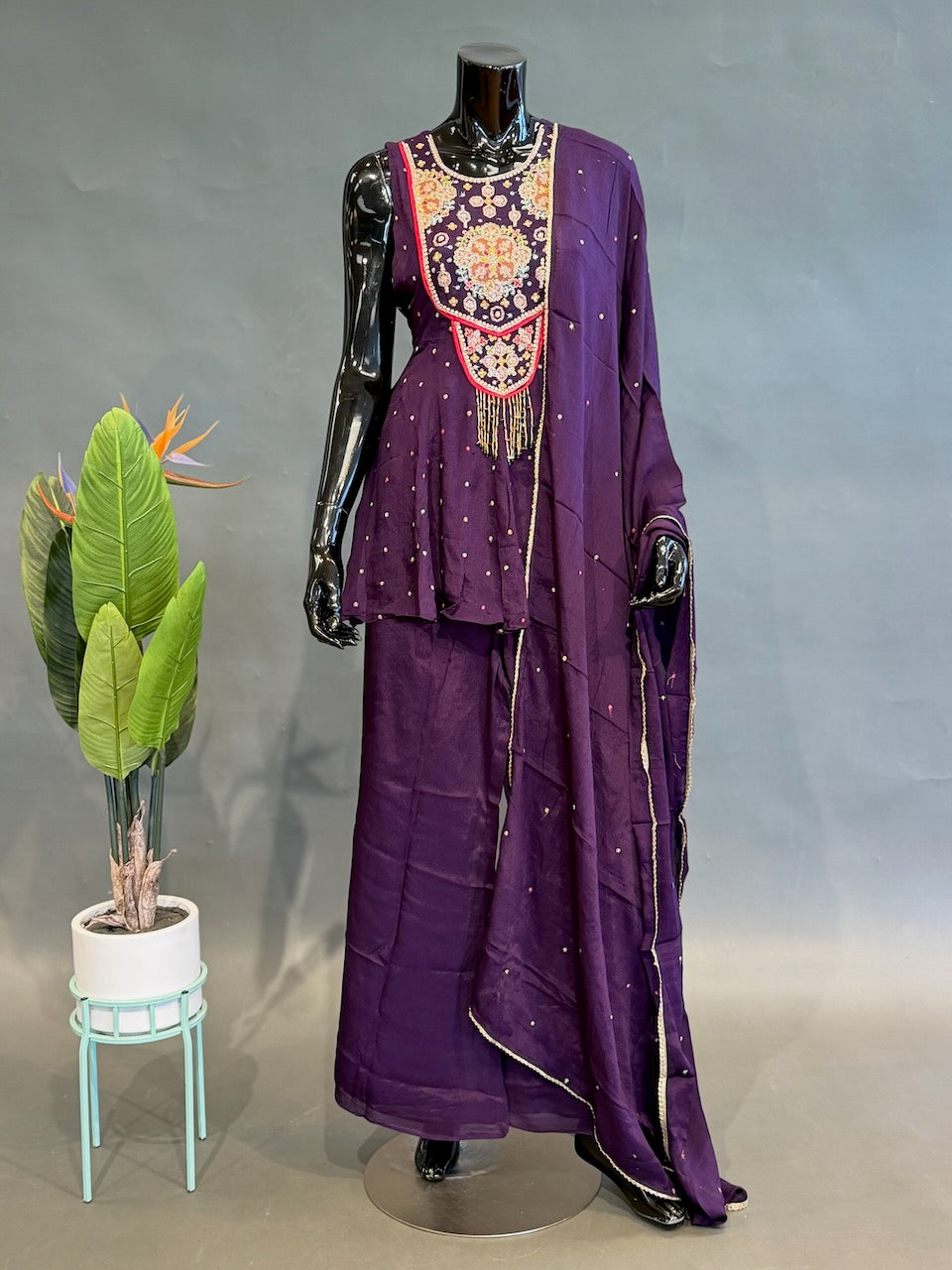 Deep Plum Embroidered Sharara Set