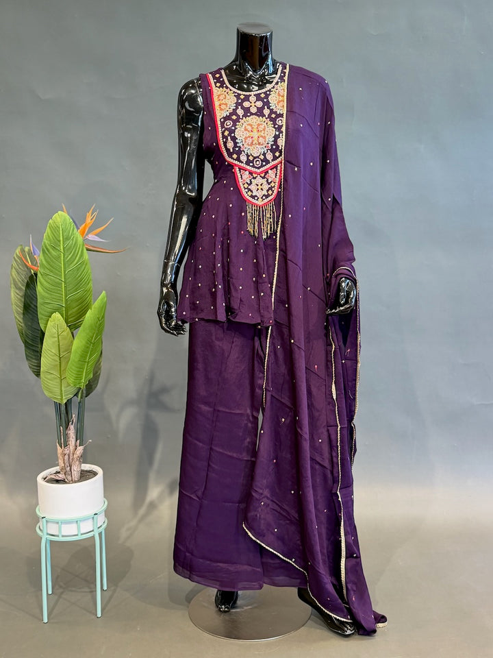 Deep Plum Embroidered Sharara Set