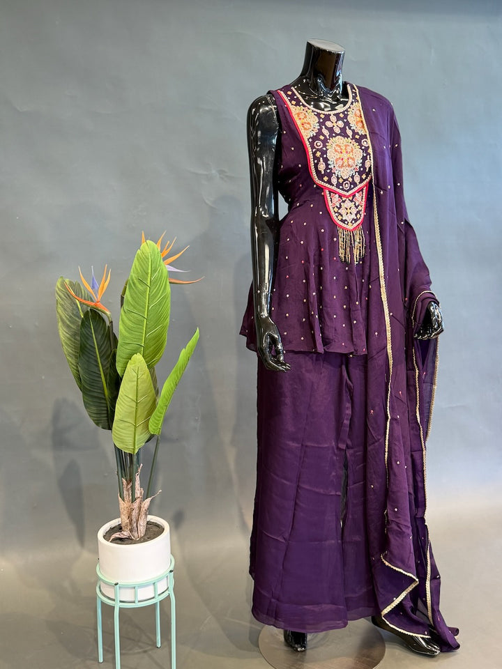 Deep Plum Embroidered Sharara Set