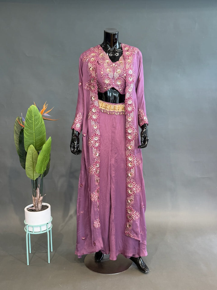 Lilac Pink Embroidered Blouse with long Jacket Sharara