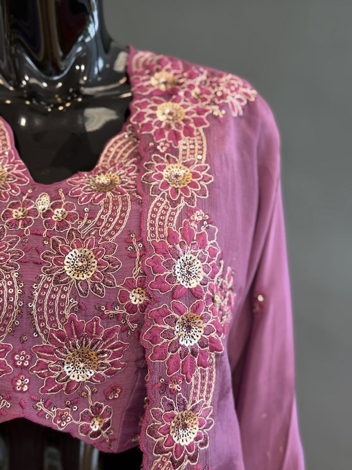Lilac Pink Embroidered Blouse with long Jacket Sharara