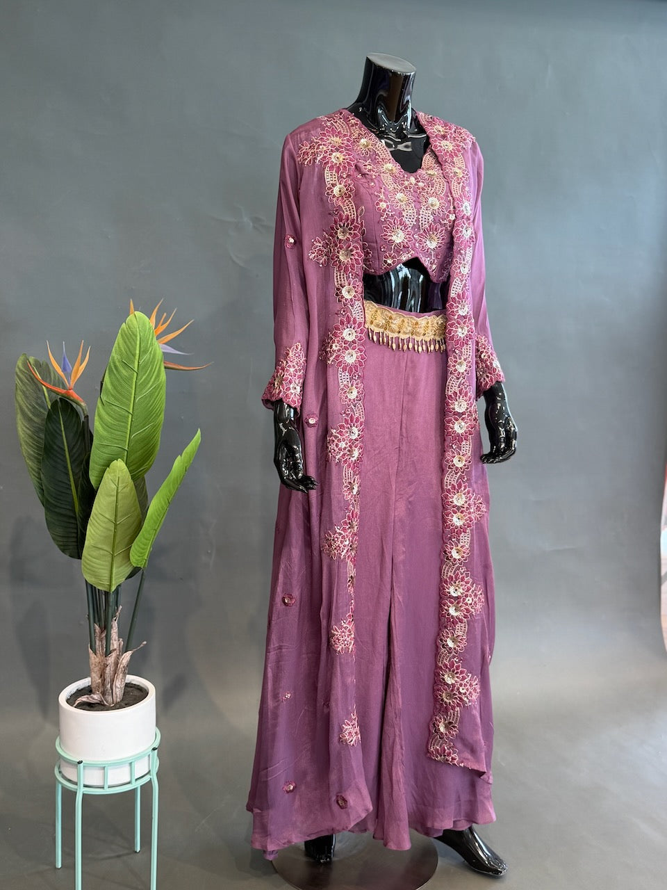 Lilac Pink Embroidered Blouse with long Jacket Sharara