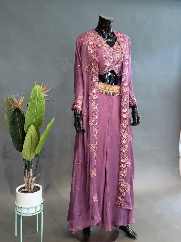 Lilac Pink Embroidered Blouse with long Jacket Sharara