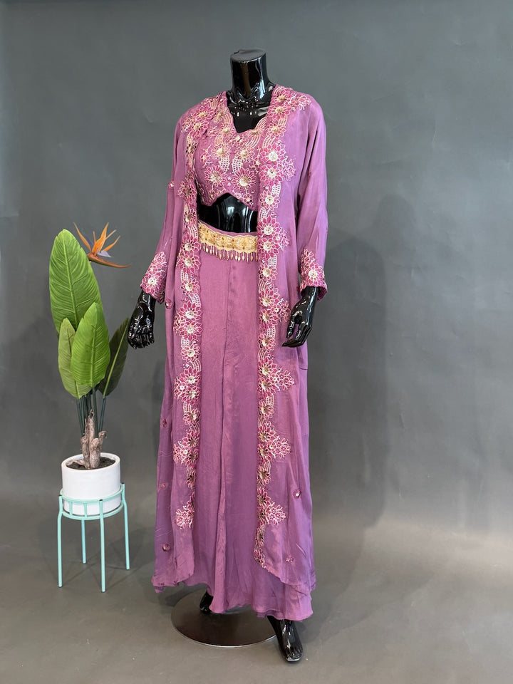 Lilac Pink Embroidered Blouse with long Jacket Sharara