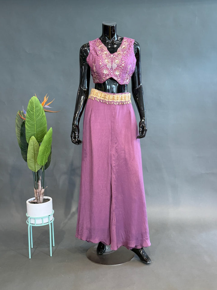 Lilac Pink Embroidered Blouse with long Jacket Sharara