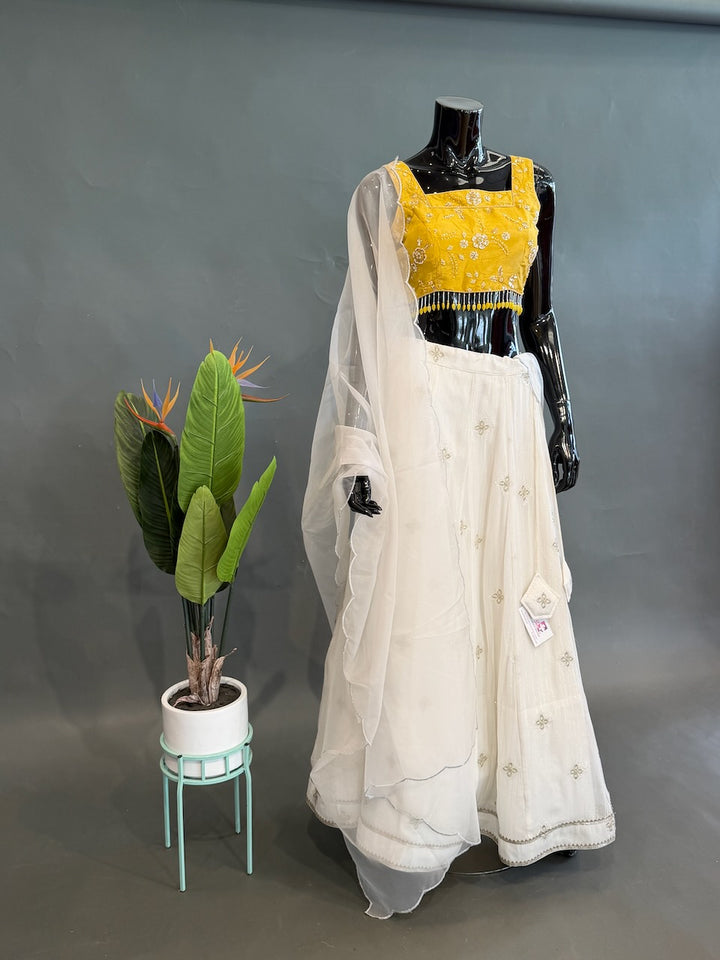 White Lehenga with Gold Blouse
