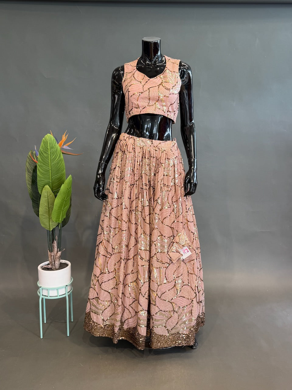 Light Mauve Lehenga with Gold Sequins Floral Embroidery