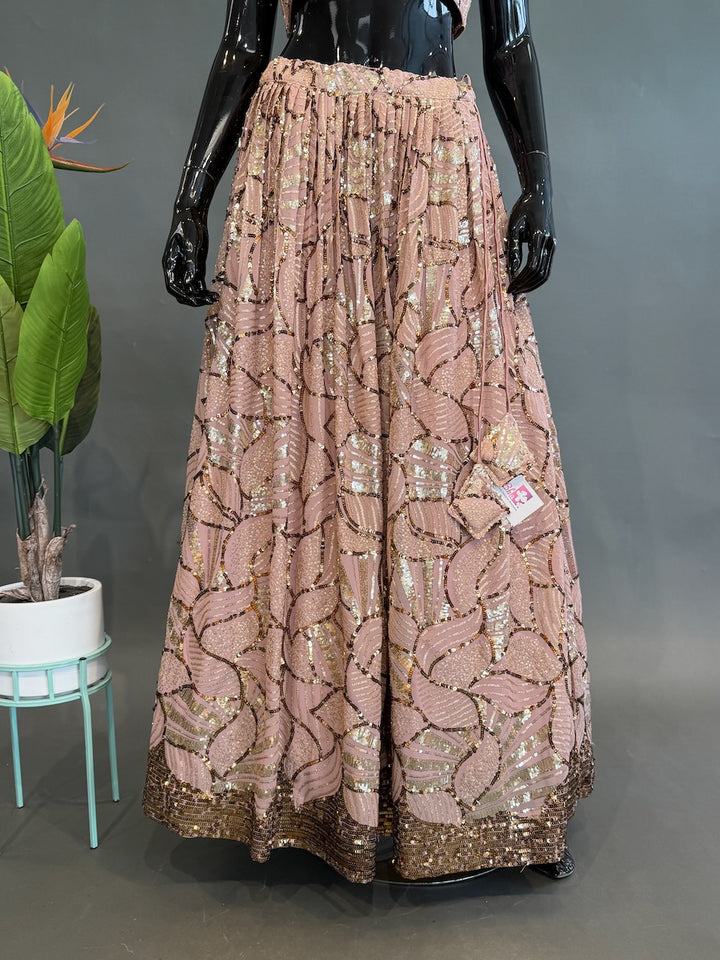 Light Mauve Lehenga with Gold Sequins Floral Embroidery