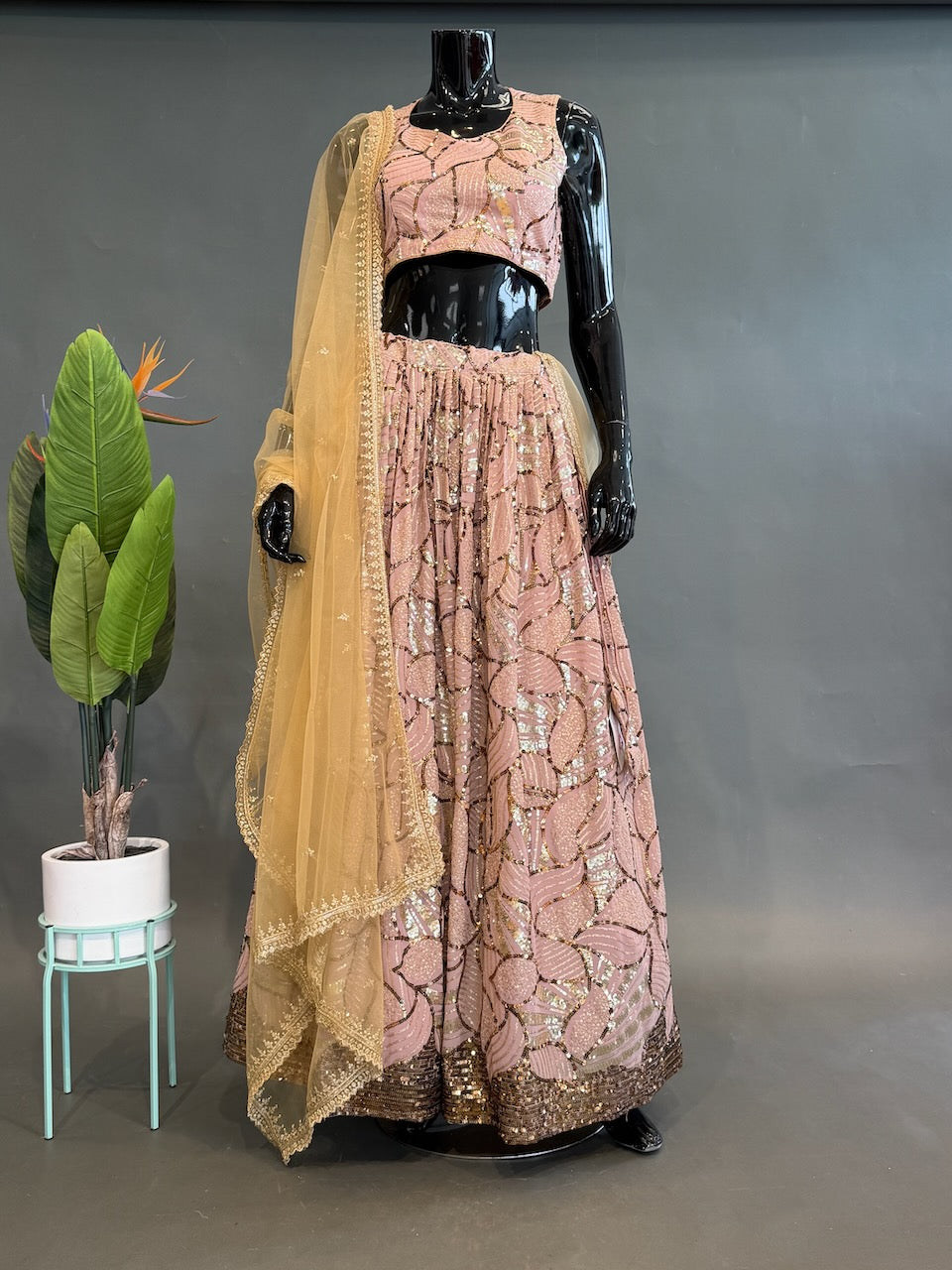 Light Mauve Lehenga with Gold Sequins Floral Embroidery
