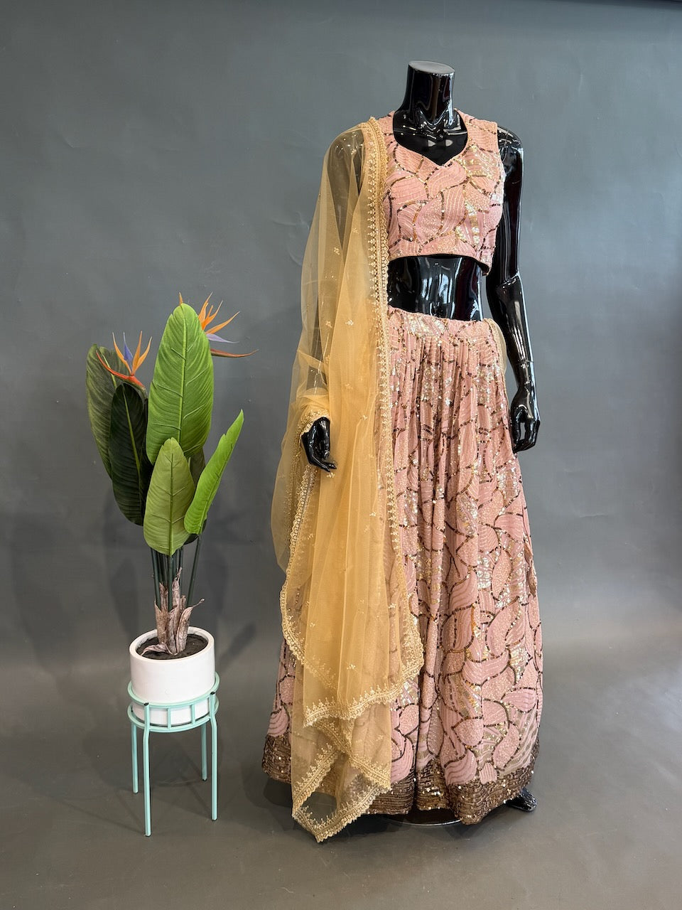 Light Mauve Lehenga with Gold Sequins Floral Embroidery