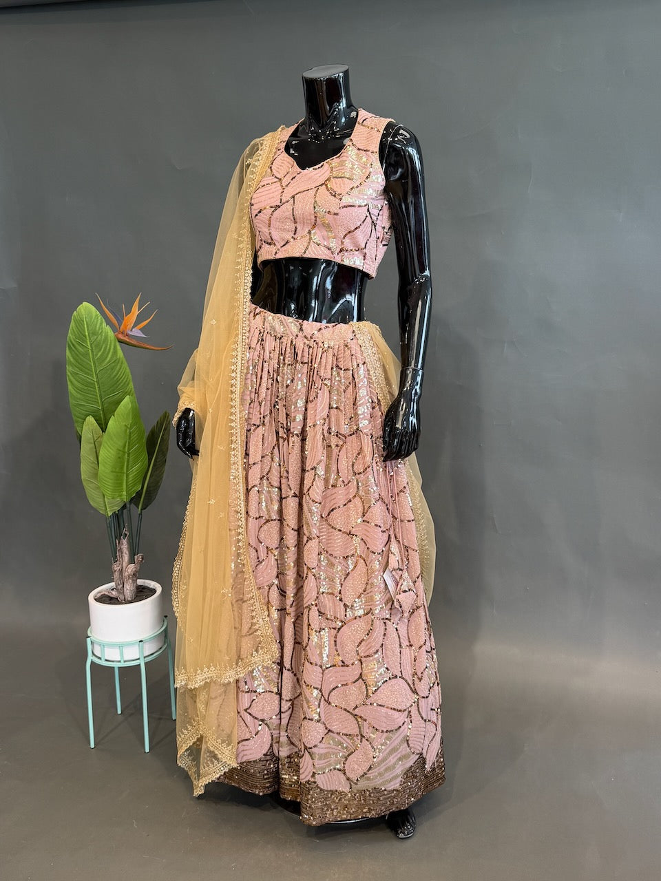 Light Mauve Lehenga with Gold Sequins Floral Embroidery