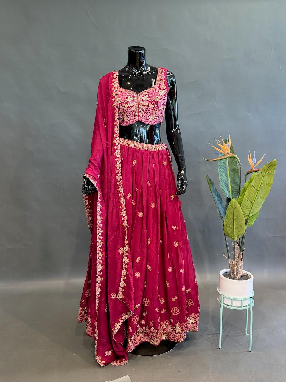 Magenta Pink Embroidered Lehenga