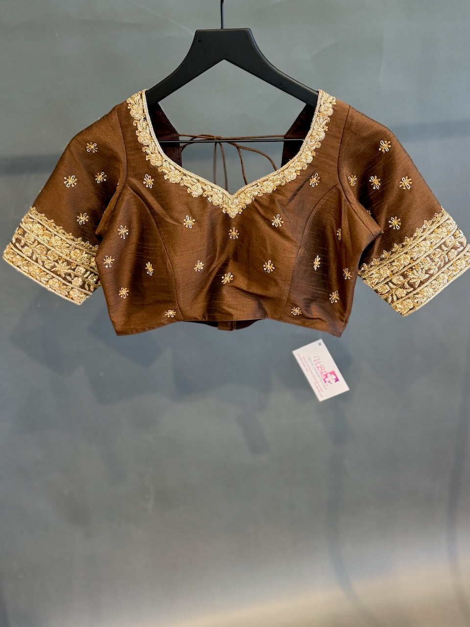 Brown Blouse With Gold Zardosi Embroidery