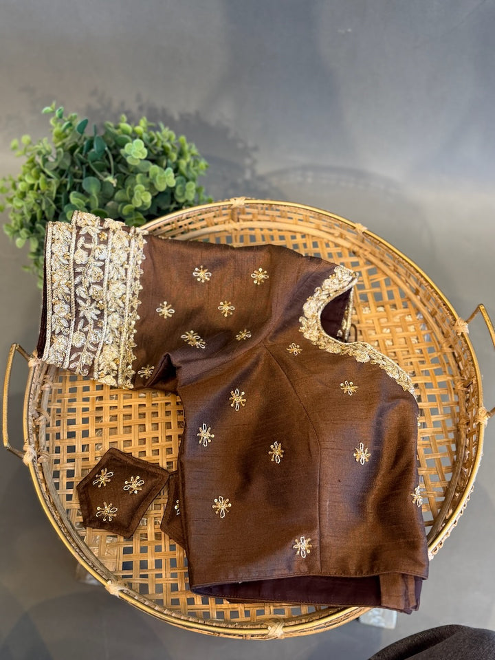 Brown Blouse With Gold Zardosi Embroidery