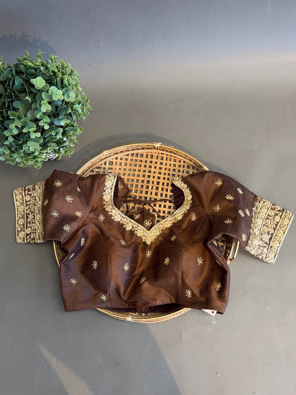 Brown Blouse With Gold Zardosi Embroidery