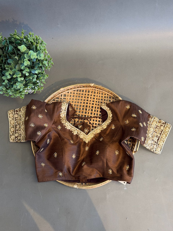 Brown Blouse With Gold Zardosi Embroidery