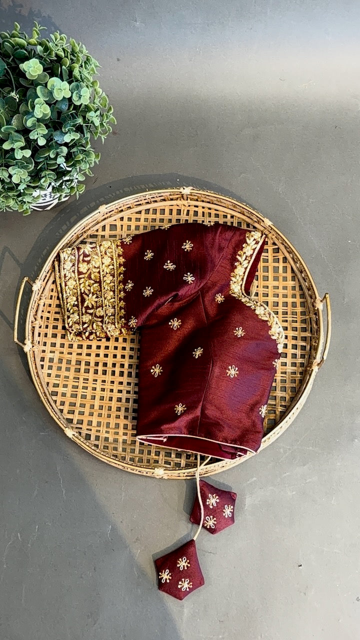 Dark Maroon Blouse With Gold Zardosi Embroidery