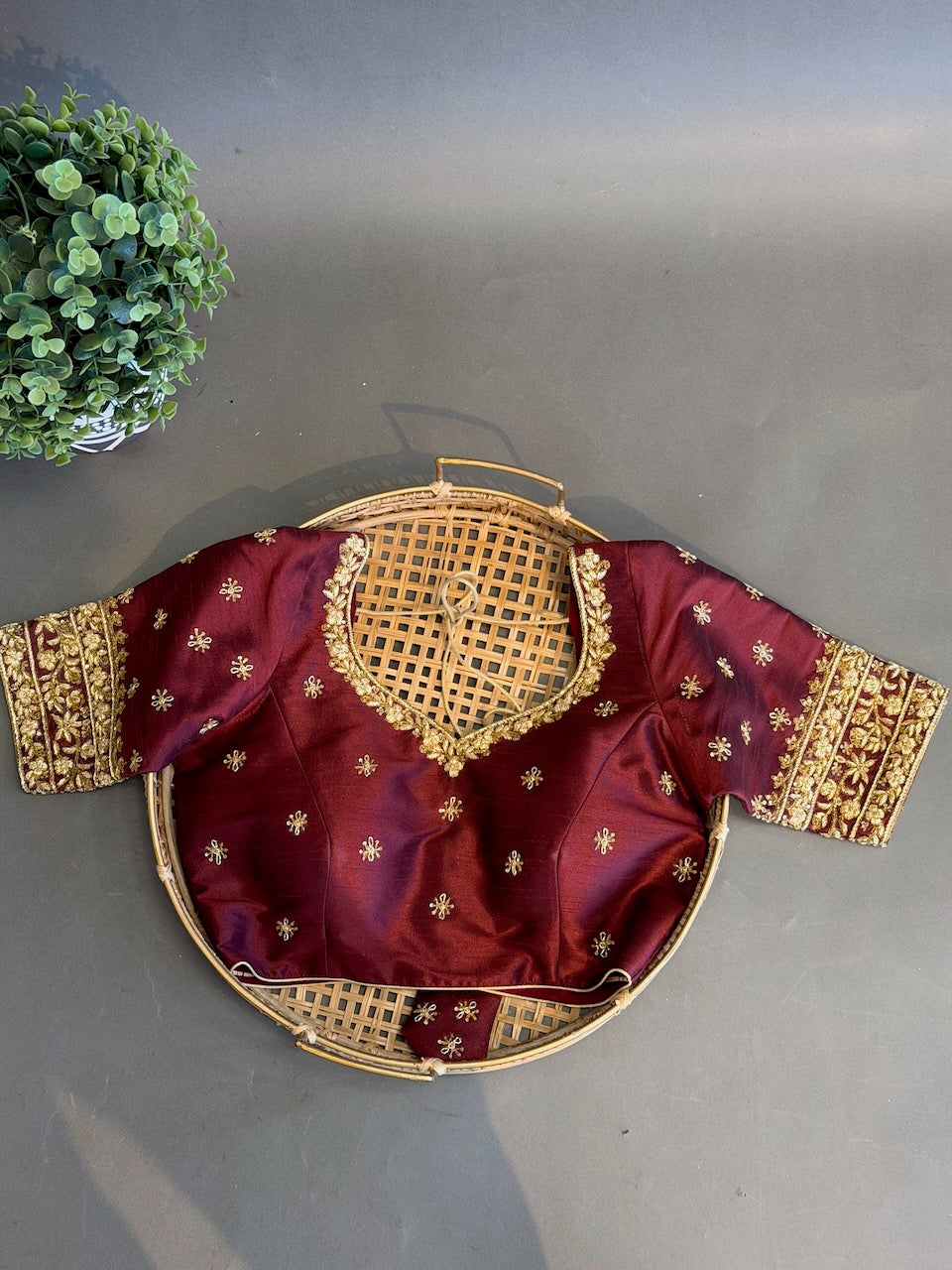 Dark Maroon Blouse With Gold Zardosi Embroidery