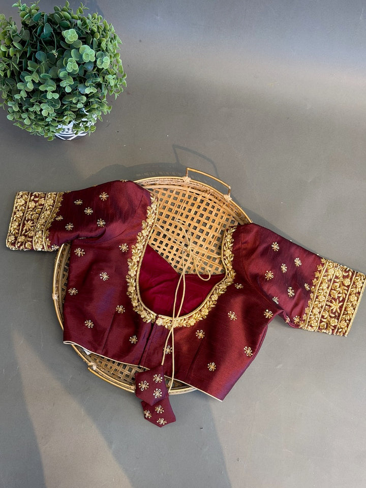 Dark Maroon Blouse With Gold Zardosi Embroidery