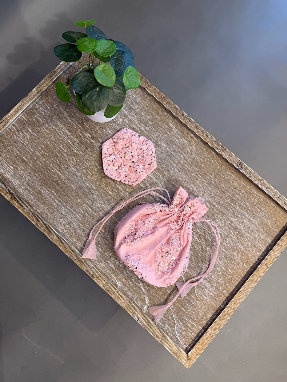 Pink Potli Bag and Flower Set