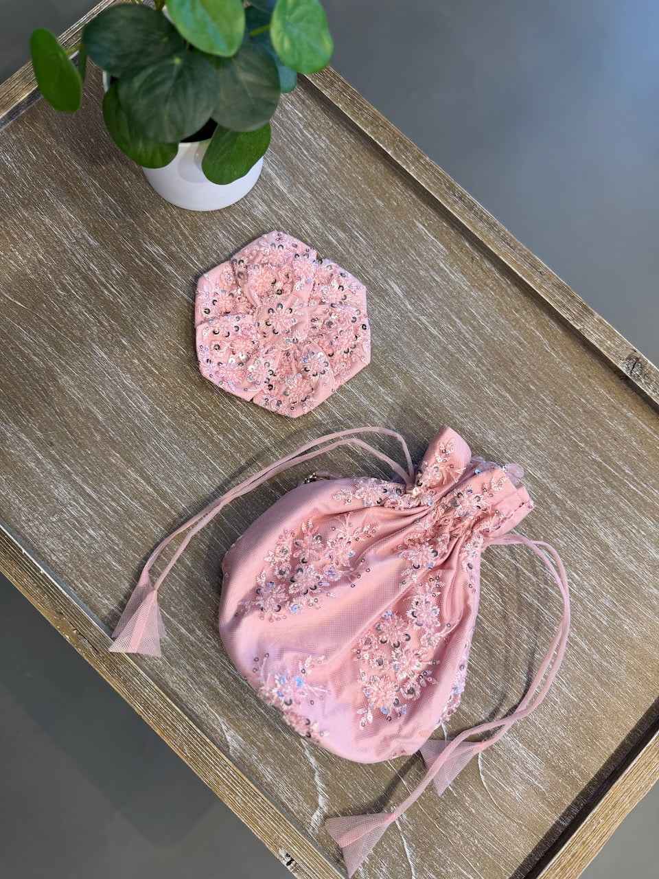 Pink Potli Bag and Flower Set