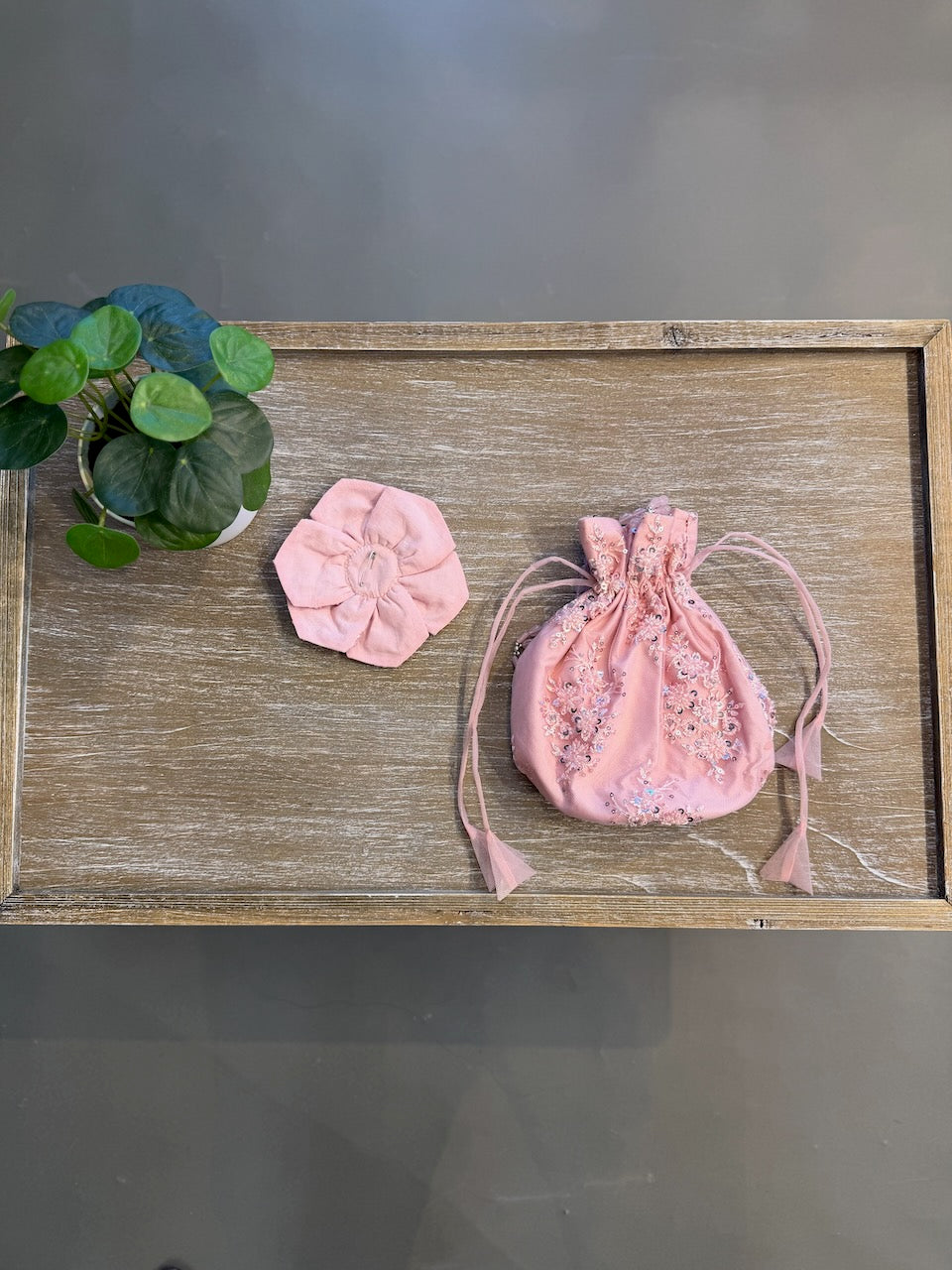 Pink Potli Bag and Flower Set