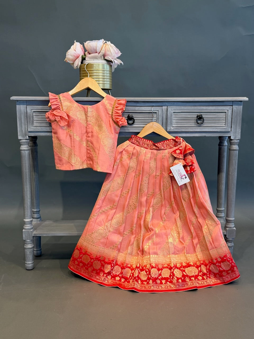 Pink Peach Benares Silk Skirt and Top