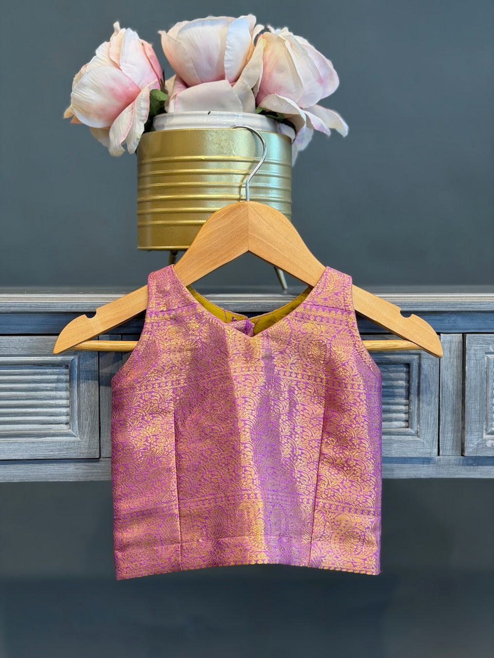 Lavender and Green Kanchi Tissue Silk Skirt and Top