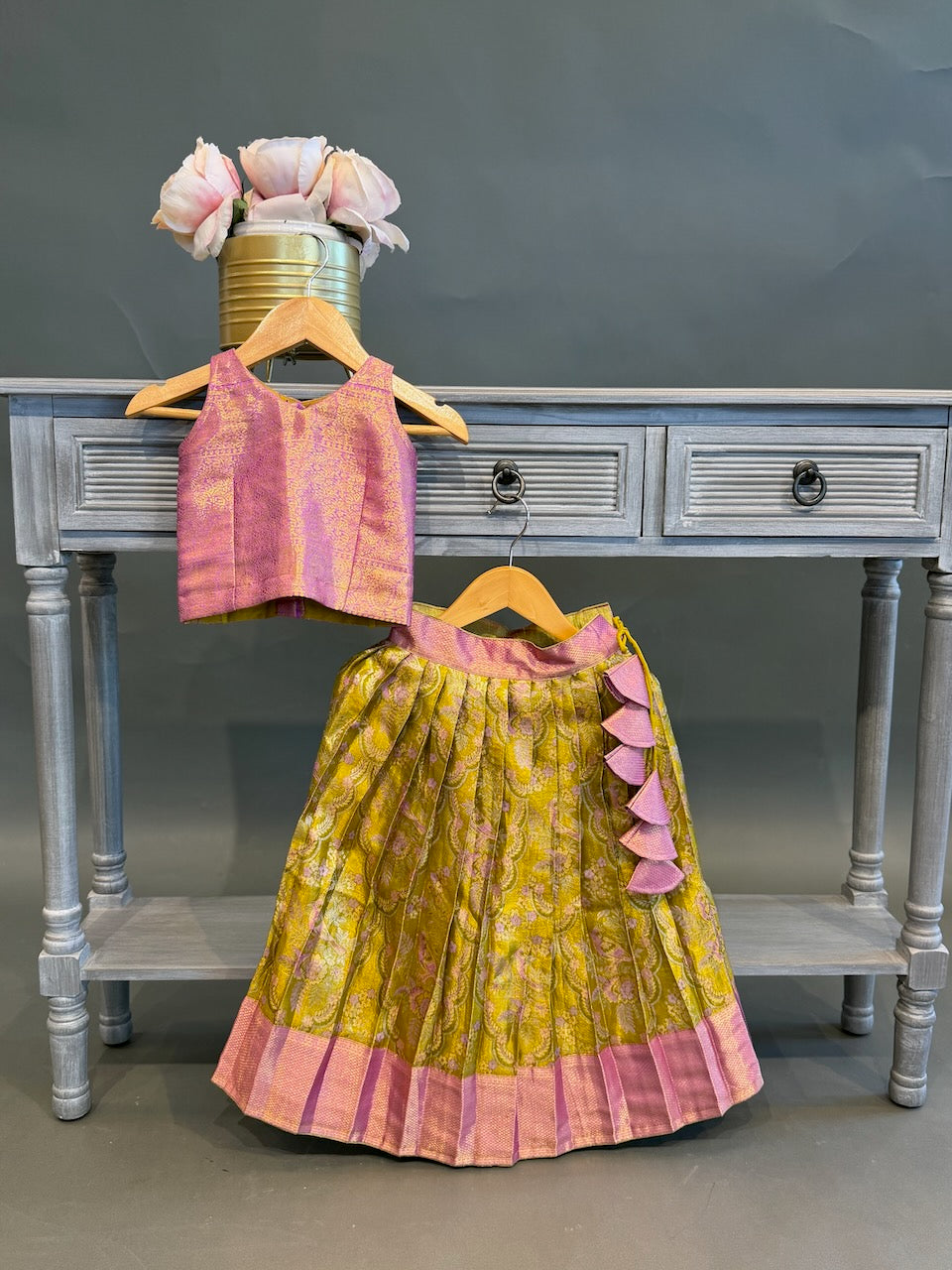 Lavender and Green Kanchi Tissue Silk Skirt and Top