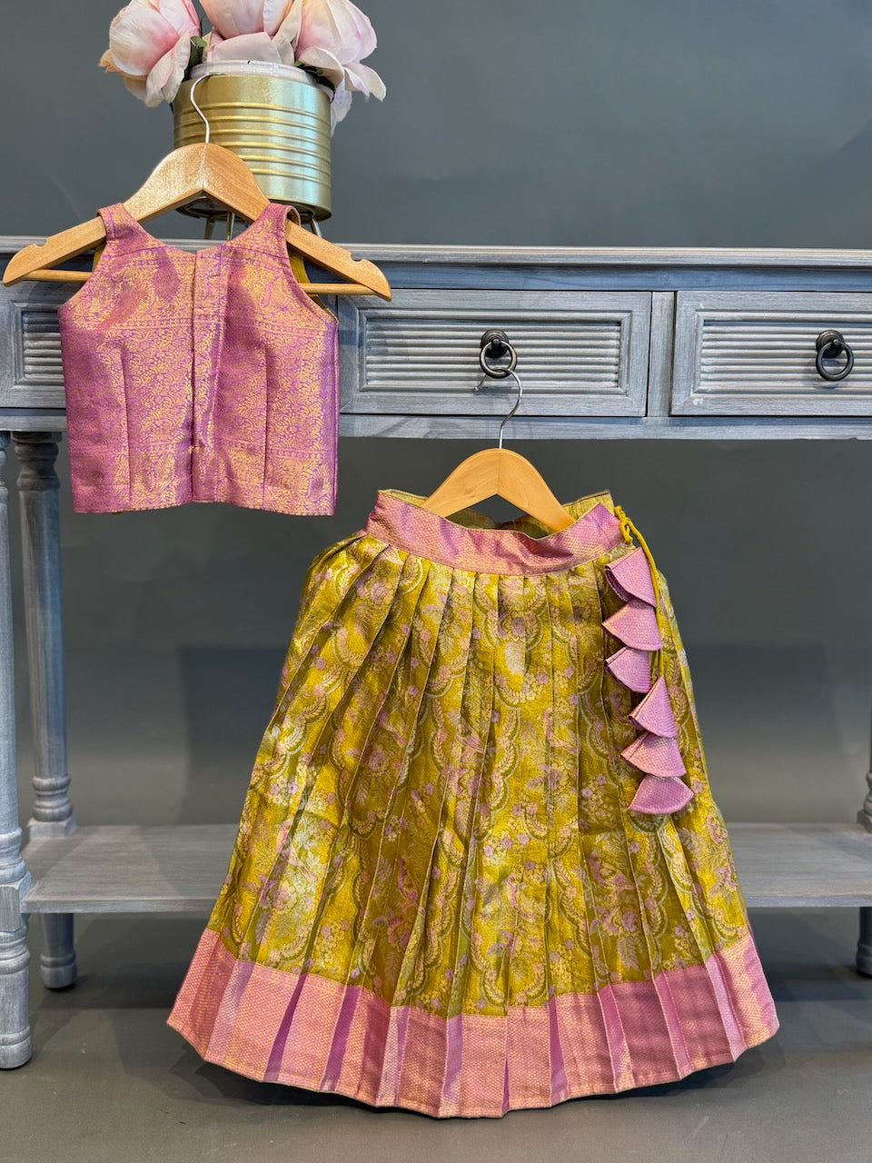 Lavender and Green Kanchi Tissue Silk Skirt and Top