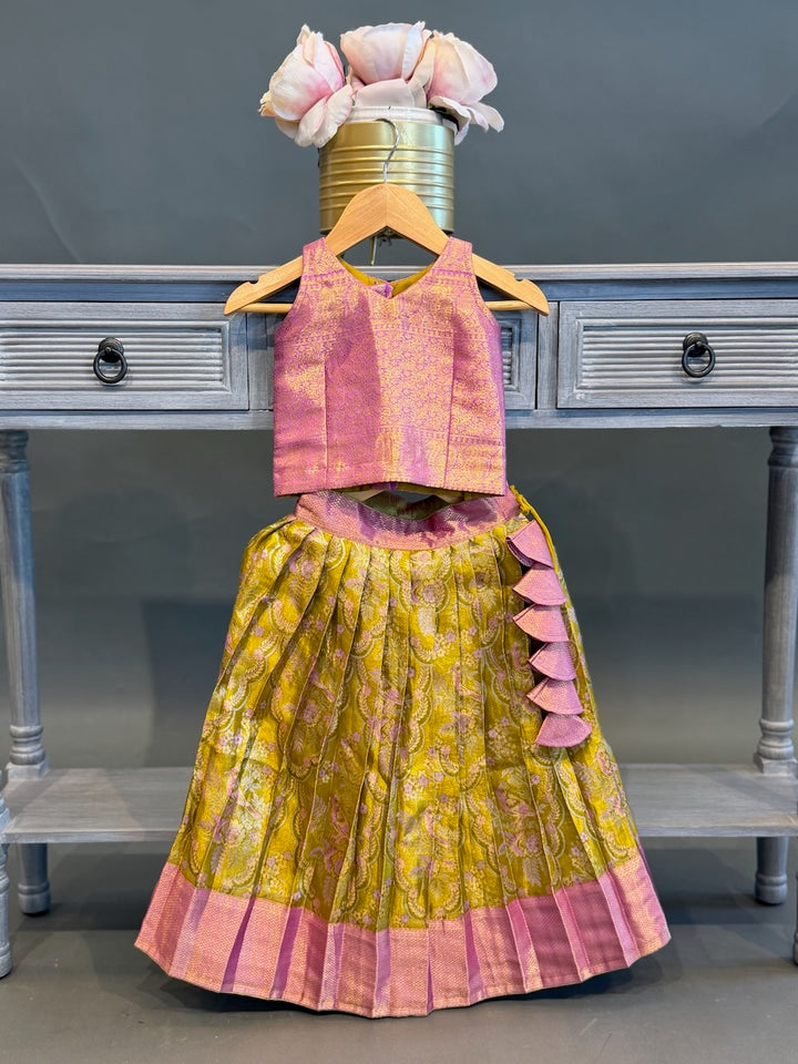 Lavender and Green Kanchi Tissue Silk Skirt and Top