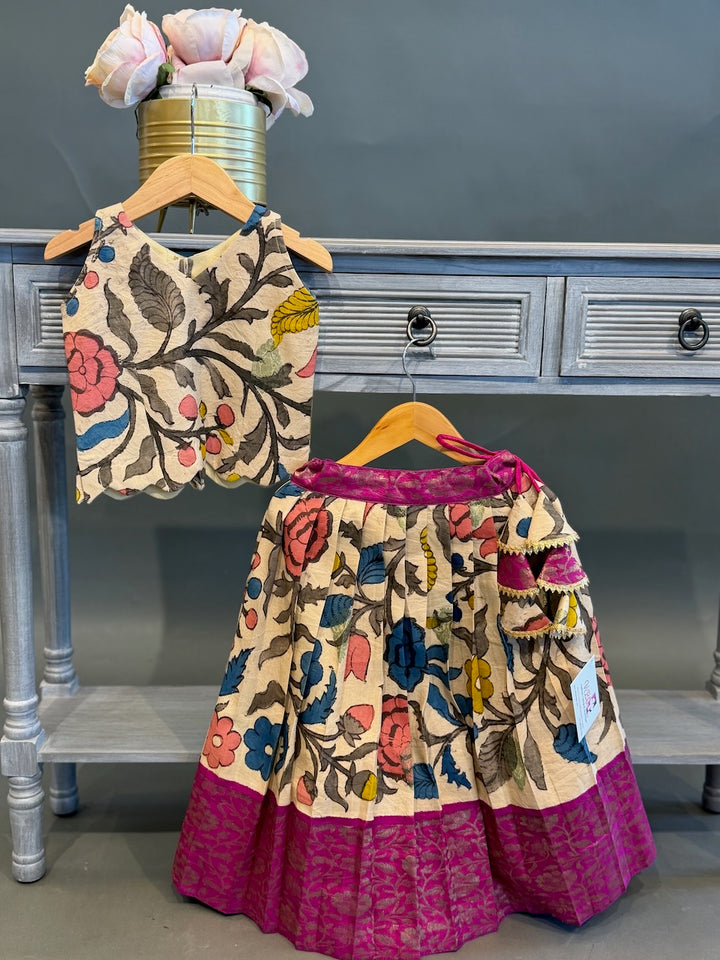 Cream and Pink Pen-Kalamkari Skirt and Top