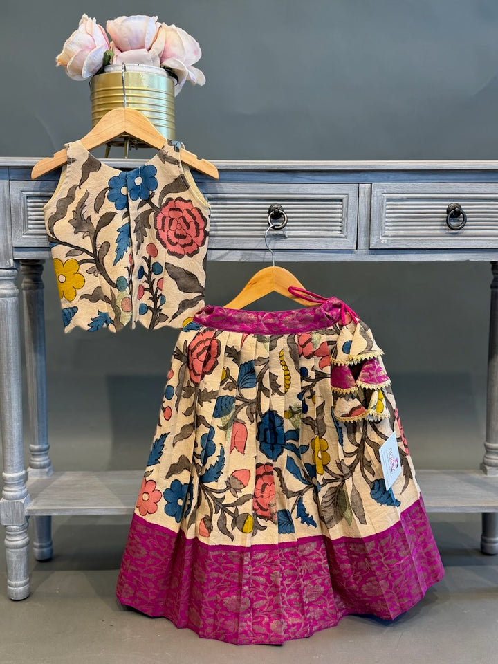 Cream and Pink Pen-Kalamkari Skirt and Top