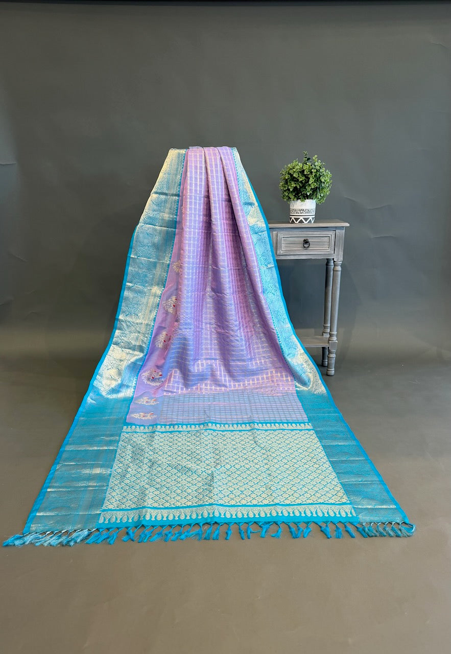 Lavender and Light Blue Venkatagiri Silk Saree And Blouse
